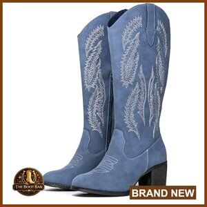Women's Western Cowboy Boots Embroidered Chunky Heel Pull On Zipper